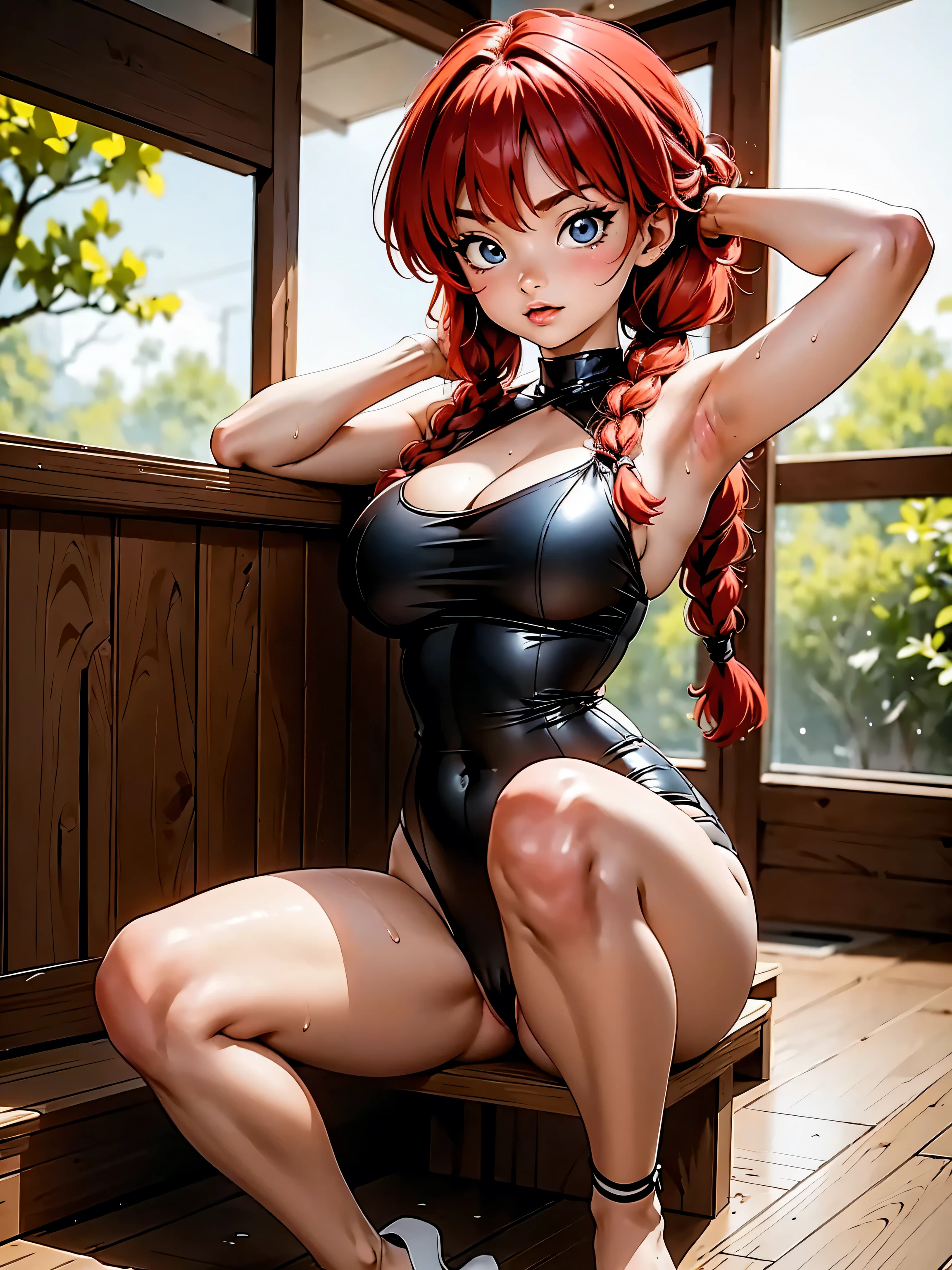 Very naughty hentai anime girl, red-haired girl with braided hair, 16 yrs old, crouched, sitting with legs open and holding breasts, Body cute, breasts big, with your hands behind your head, running your hands through your hair, sexy girl, red hair with braid, gorgeous lighting, softshadows, blue colored eyes, pretty legs, hair with braid, anime styling, ranma chan, Autora Rumiko Takahashi, Based on a work by Rumiko Takahashi, Anime Ranma 1/ 2, decote sexy, robust hip, fully body, complete body, Bust Big, young girl with beautiful and beautiful body, sandals on the feet, garota 16 yrs old jovem baixa estatura, anime girl, anime styling, beautiful feet in sandals, sitting on the floor, viewing angle 45°, wet girl, wet vagina, dripping vagina, vagina oozing liquid, hands on breasts