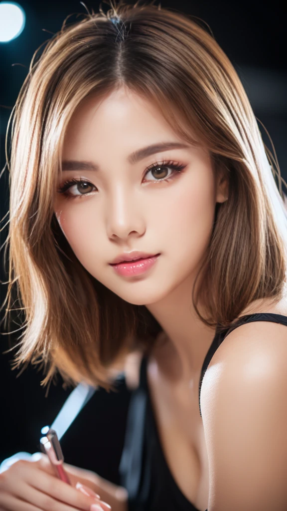 (8K, High resolution, High resolution), ((((photograph, RAWphotograph, Hyperrealism, masterpiece, Highest quality, ultra High resolution,Full body photography,Japanese)))), (Pin Light, Backlight, Backlight, Cinematic Light), Sharp focus:1. 4, (Hyper Detail, In detail), hull body shooting, close, 1 girl, Oval Face, big, Beautiful cat-like eyes, Cute Button Nose, Small and fairly full lips, Thick eyebrows and long, beautiful eyelashes. Transparent throughout makeup, Apply a touch of pink to your cheeks、Lip gloss makes it sparkle. Hairstyle: short golden hair.Nightclub.