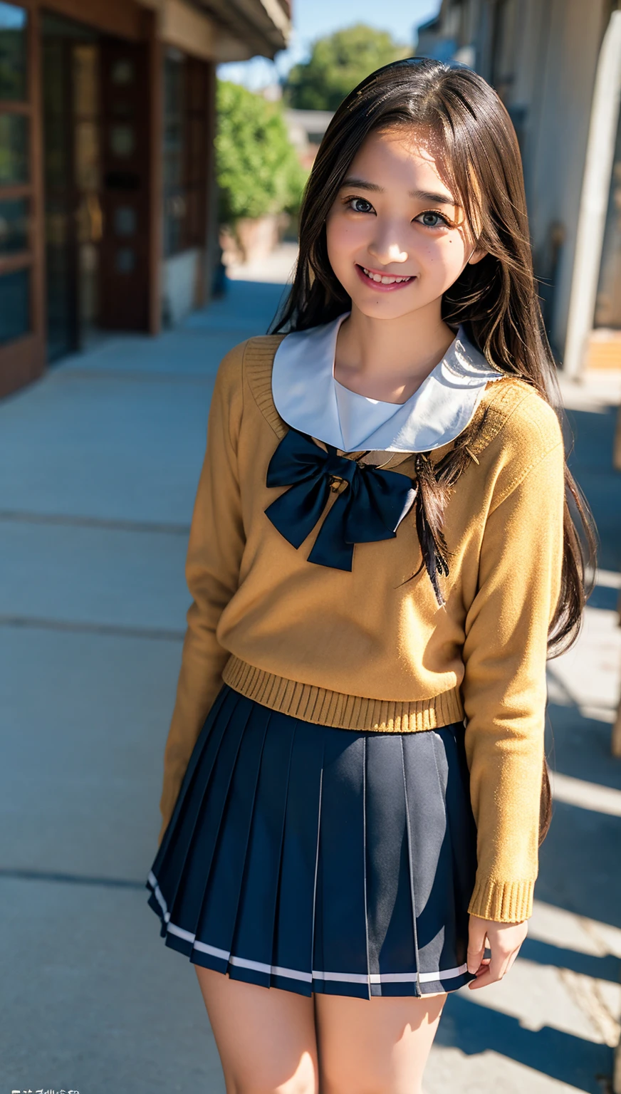 (((cowboy shot))),Ultra-high resolution,big eyes,((brown eyes)),Japanese,(forehead),(a girl),(1 girl),(()),(cute),pretty,((facing at viewer)),arms behind back,grin,((black school sailor uniform)),pleated skirt