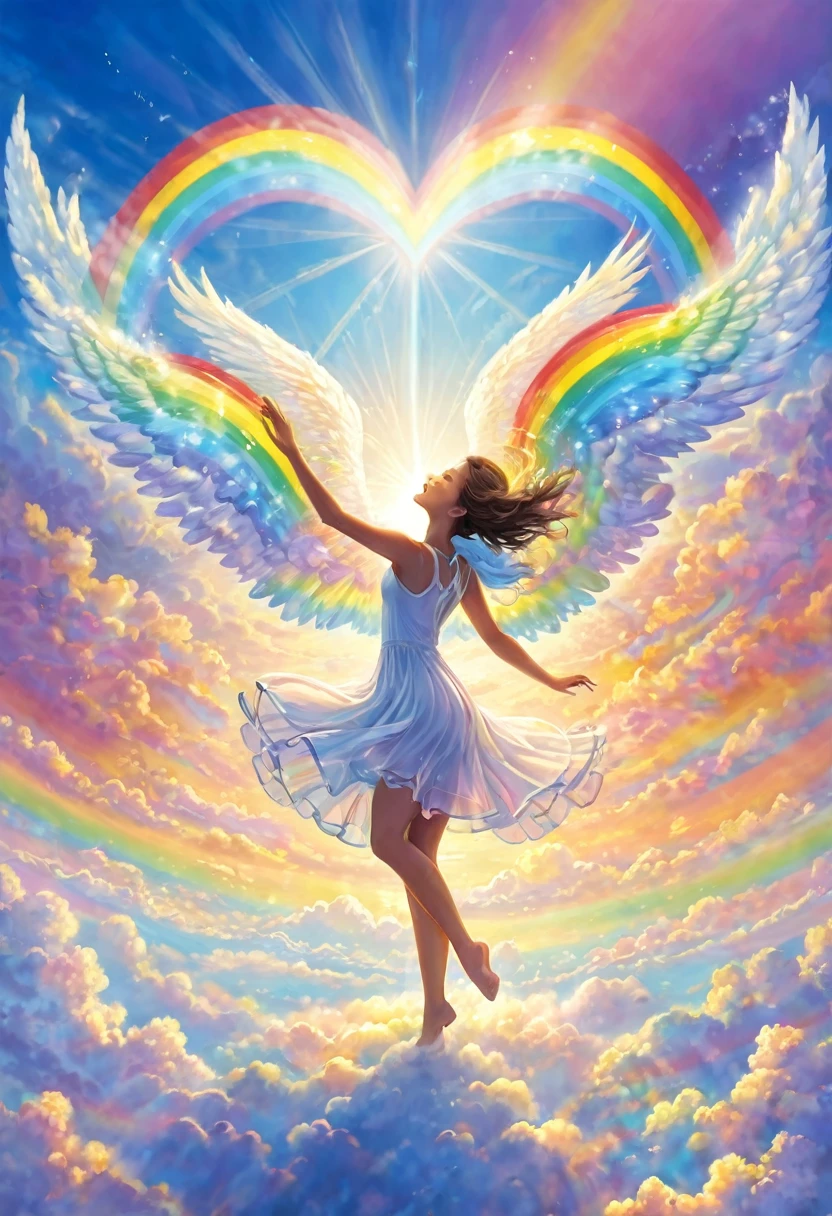 Kingdom of love, sky, above the clouds, heaven, rainbow light heart, joy, sharing, happiness of angels, dance