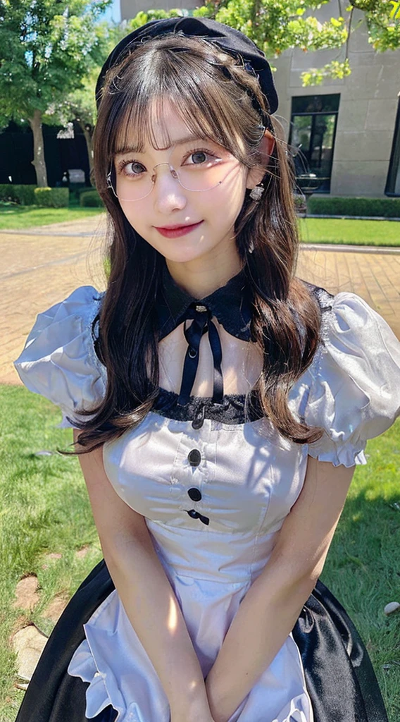 (Highest quality,8K quality,masterpiece:1.3),(Ultra-high resolution,Realistic:1.4,Live Shooting),(Very detailed,Caustics,Detailed Background),(Ultra-Realistic Capture,Beautiful and detailed skin,Perfect Anatomy),At dusk,Sunset sky, ((Gothic Lolita,Blouse button undone Maid outfit:1.4、Showing off your bra、Lots of exposure、Twin tail hairstyle, black eye)), ,14 years old,cute,single eyelid,Long black hair,,Looking into the camera,へにょへにょしたsmile,whole body,Natural light、Big Breasts、Black-rimmed glasses、smile、