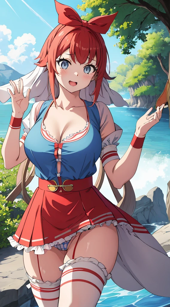 In underwear、Panties in full view、白のパンティ、Blue Stripes々Large bra 1, 1girl, asahina mikuru, long hair, kita high , solo, short sleeves, red ribbon, large breasts, cowboy shot, waving, outdoors, leaning forward,