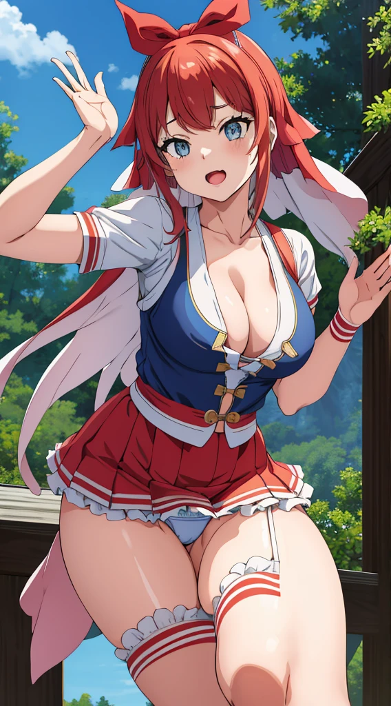 In underwear、Panties in full view、白のパンティ、Blue Stripes々Large bra 1, 1girl, asahina mikuru, long hair, kita high , solo, short sleeves, red ribbon, large breasts, cowboy shot, waving, outdoors, leaning forward,
