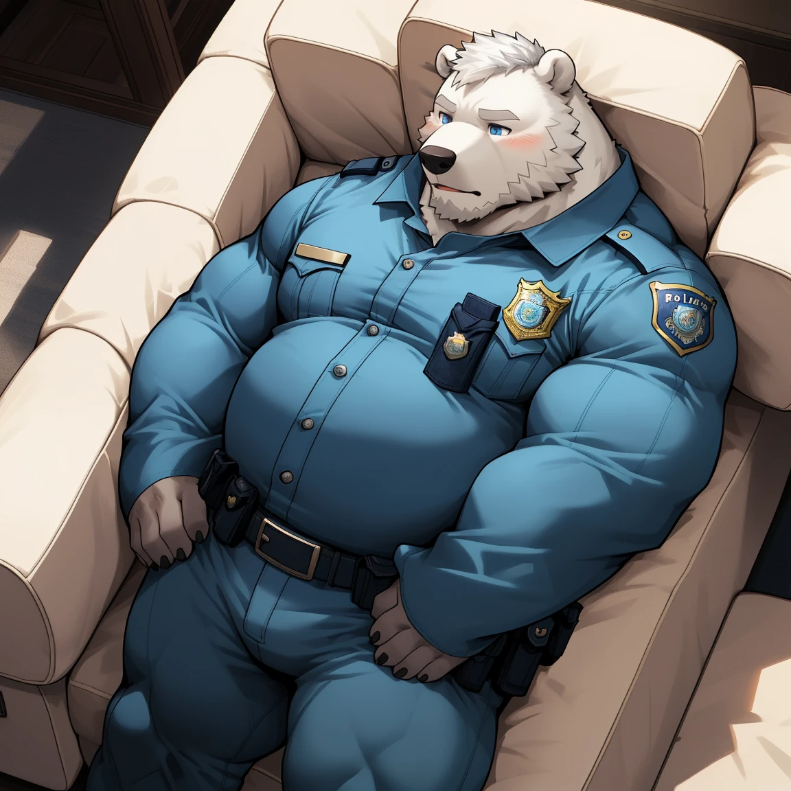 masterpiece, best quality, 8k resolution, Very detailed, hairy,(((polar bear)),(((Mature))),(((beard))),(((fat))),(((White hair all over body))),(((portrait))),(((White hair))),(((tired))),For the audience,(((Police Uniform))),(((Lying on the sofa))),(((Tired))),Highest quality scene,(((whole body))),((( Blue Eyes))),(((Legs apart))),(((Fat-enclosed muscle))),(((Round face))),(((alone))),(((Strong body))),(((Hip bulge))),(((Long-sleeved)))