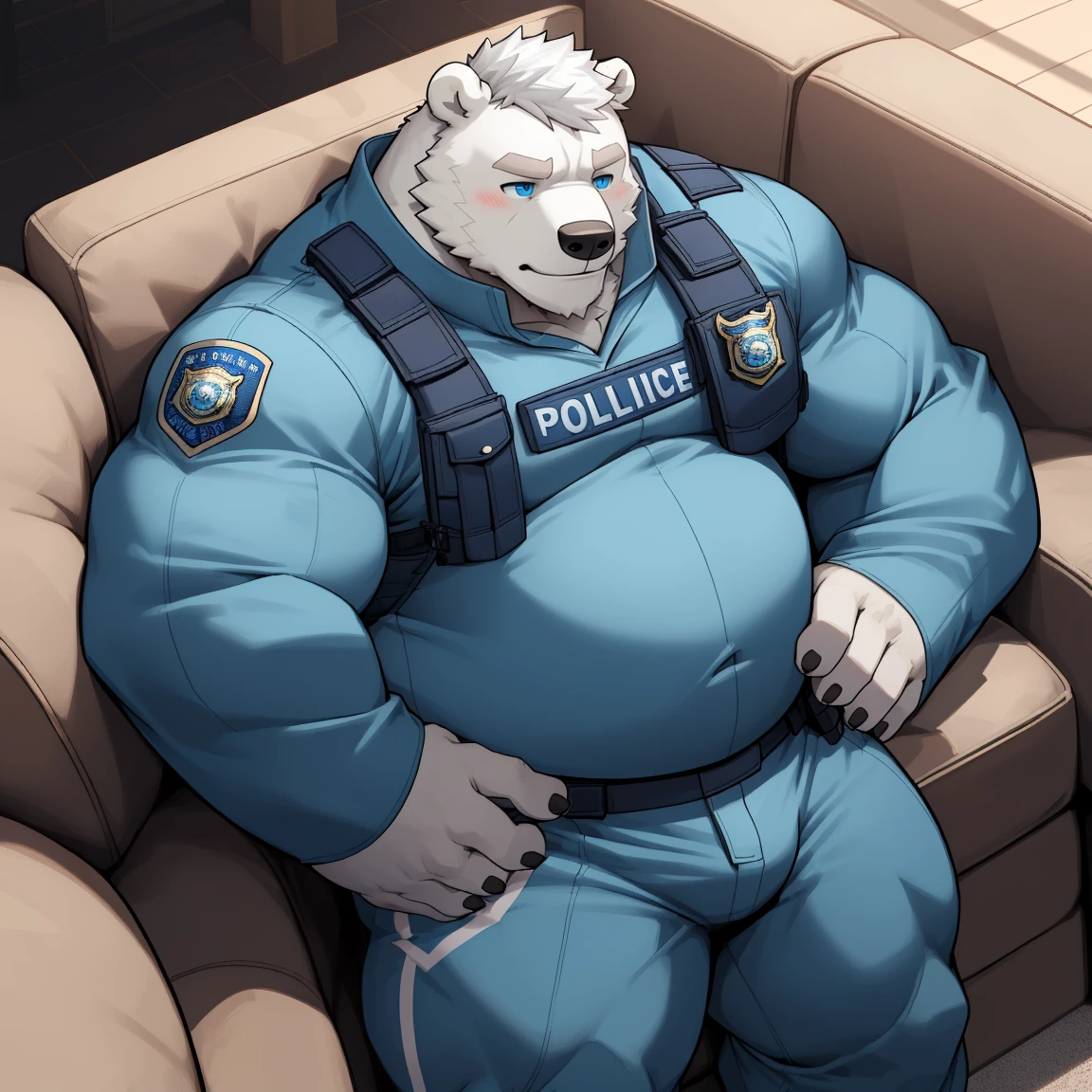 masterpiece, best quality, 8k resolution, Very detailed, hairy,(((polar bear)),(((Mature))),(((beard))),(((fat))),(((White hair all over body))),(((portrait))),(((White hair))),(((tired))),For the audience,(((Police Uniform))),(((Lying on the sofa))),(((Tired))),Highest quality scene,(((whole body))),((( Blue Eyes))),(((Legs apart))),(((Fat-enclosed muscle))),(((Round face))),(((alone))),(((Strong body))),(((Hip bulge))),(((Long-sleeved)))