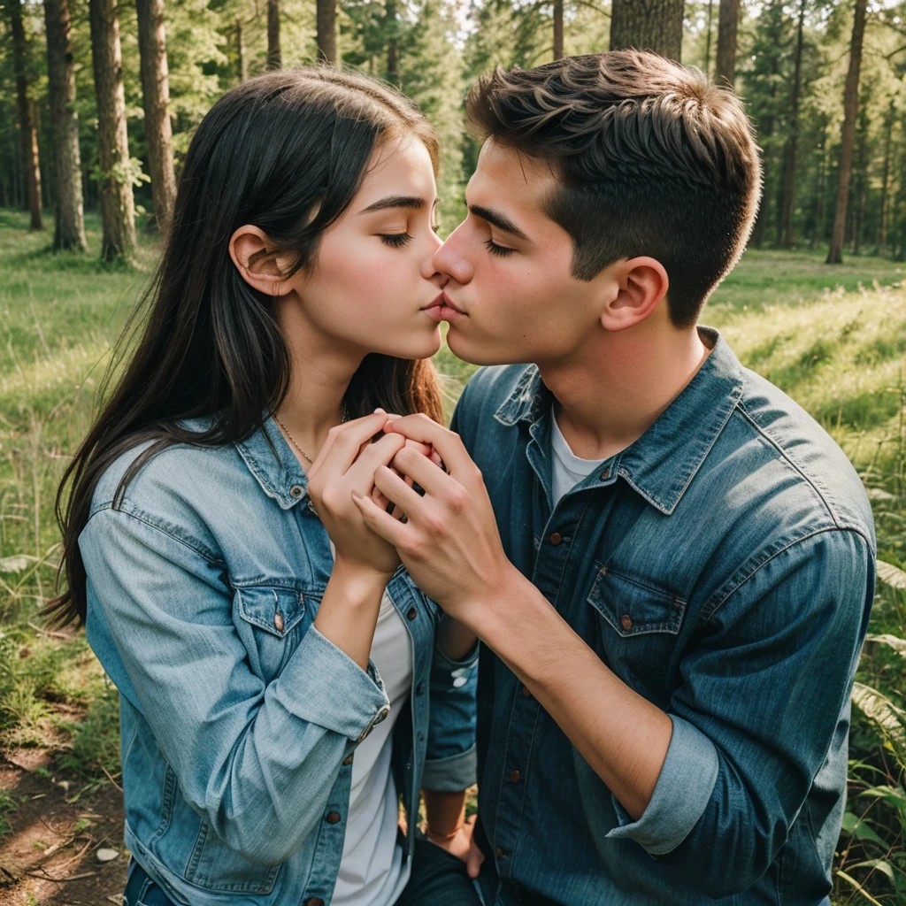 A 20 year old couple boy kissing his girls hand in a beautiful nature scenery