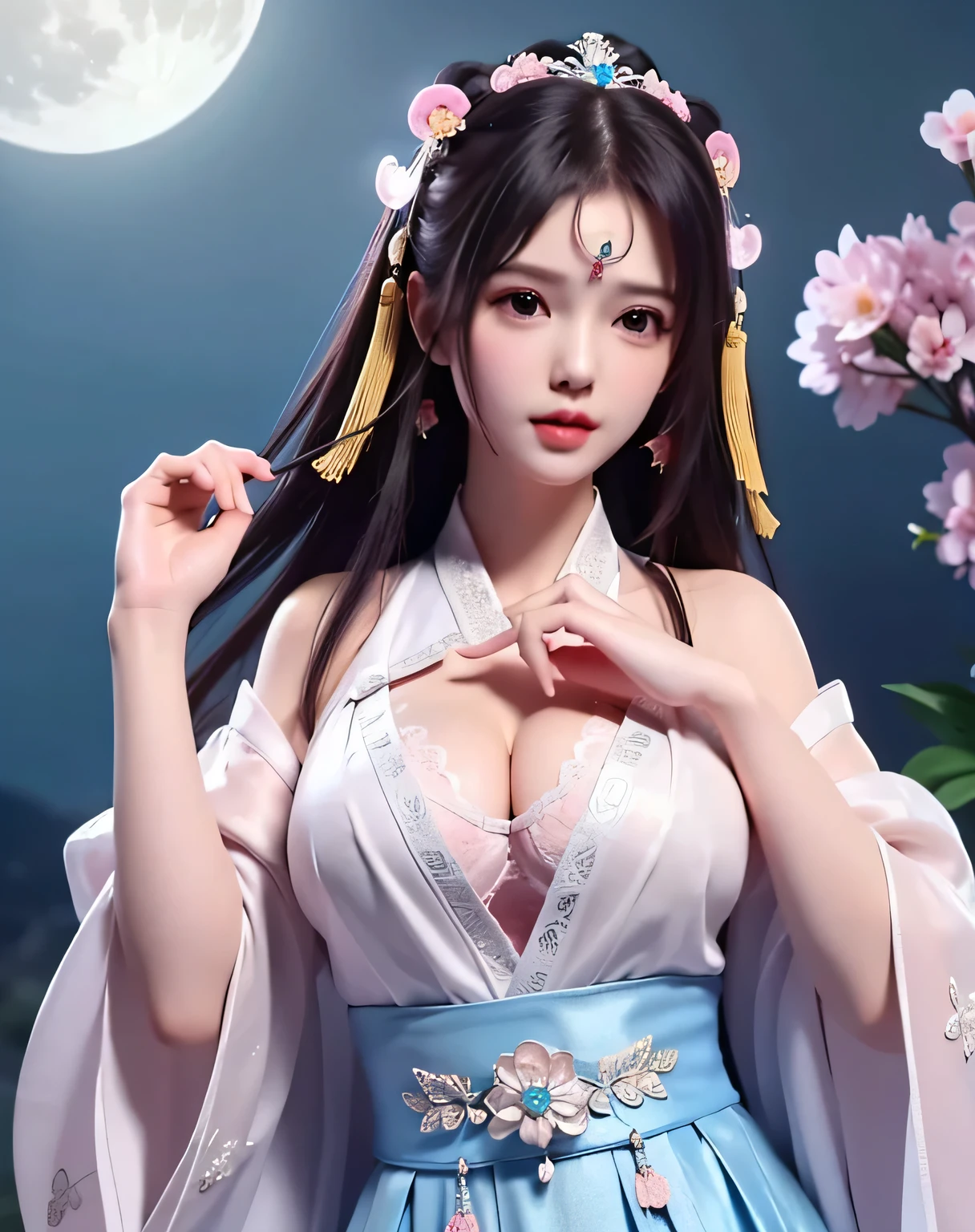 (8k, RAW photo:1.2), best quality, ultra high res,dramatic angle,(fluttered detailed color splashs), (illustration),(((1 girl))),(long hair),(rain:0.9), (Headdress:1.4),There is an ancient palace beside the girl,Hanfu,(Key Points),Color ink painting,(Splash of Color),Splash of Color,(((colorful))),(sketch:0.8) , Masterpiece, best quality, beautiful painted, highly detailed,(denoising:0.6),[splash ink],((ink refraction)), (beautiful detailed sky),moon,highly,detaild,(masterpiece, best quality, extremely detailed） CG Unity 8k Wallpaper，masterpiece，best quality，Ultra Detailed），（Lycoris）. hanfu open v   open V-chested clothes Thin silk lace dress , (huge ，cleavage),, white pink, blue ，best qualtiy，tmasterpiece，Ultra-high resolution，（Reality：1.4），RAW photogr，（True skin texture：1.3），（filmgrain：1.3），（Selfie angle），1个Giant Breast Girl，Beautiful eye and face details，tmasterpiece，Best quality at best，，The chest more exposed， detailed hair, bra pink , detail 8k, full body, lace petticoat, fan handle