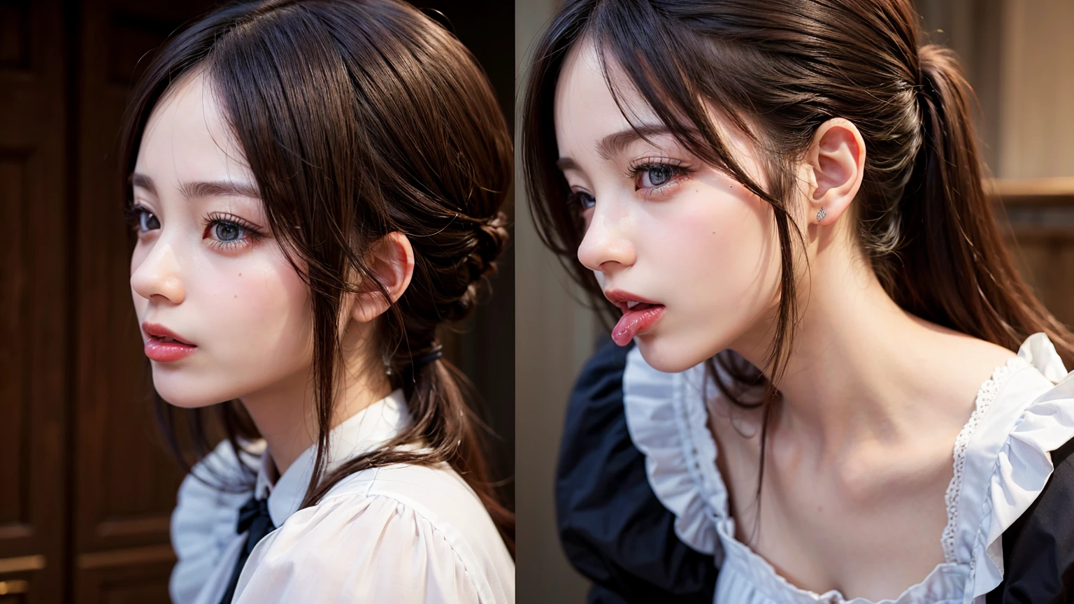 8K quality、High resolution、Maid、Realistic skin texture、Women love men、High resolutionの肌、A woman licks a man&#39;s penis with her tongue、Princess Hair、thin、Small and young breasts、Open the mouth to reveal a realistic tongue、Beautiful cleavage、Gray Hair、blue eyes、thin脚、Blonde French braid、、Full Body Shot、Wetting、Tearing clothes、Get wet with semen