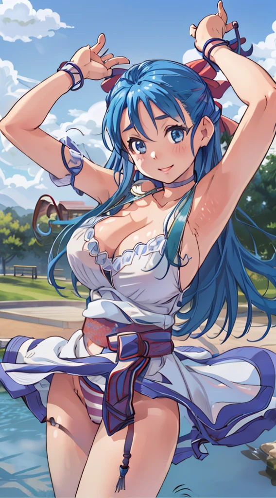 In underwear、Panties in full view、白のパンティ、Blue Stripes々Large bra 1, 1girl, asahina mikuru, long hair, kita high , solo, short sleeves, red ribbon, large breasts, cowboy shot, waving, outdoors, leaning forward,