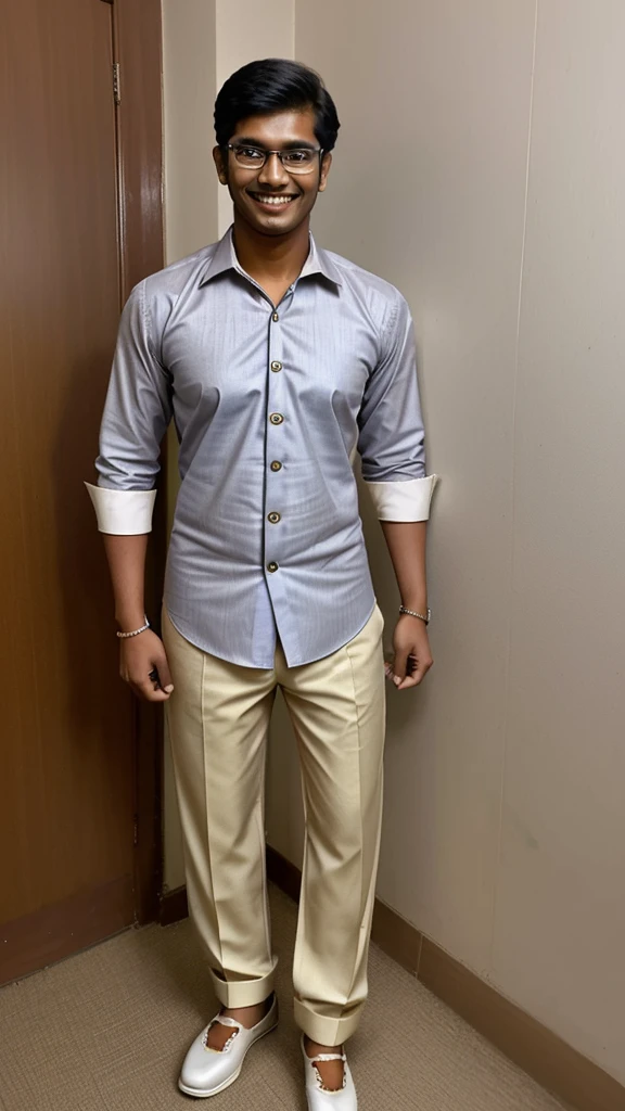 Tall fair indian college handsome boy wearing formal shirt pant, formal shoes, wearing specs. He has a decent smile on his face.