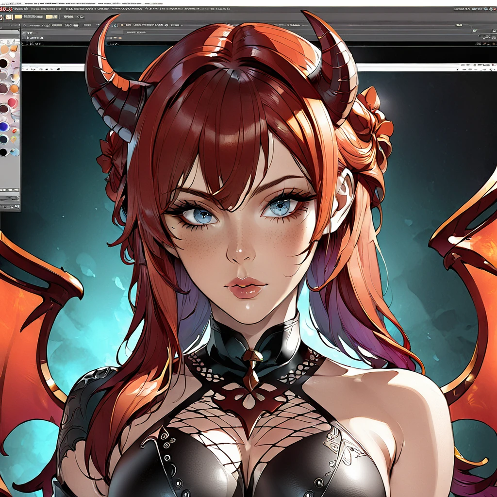 best quality,masterpiece, half body portrait of a woman demon, eyes, nose,lips,hair,freckles,(anime woman:1.3), ,symmetrical eyes, soft lighting, detailed face, concept art, digital painting, looking into camera,3d,art by artgerm