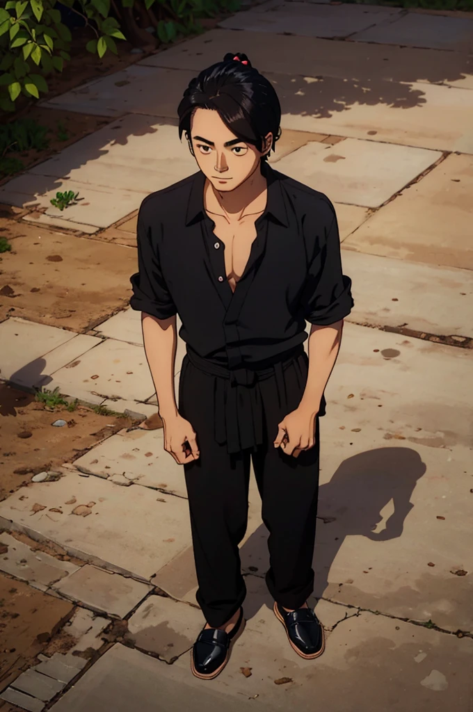 man 20 years old, big hair tied brown samurai style, brown oriental style eyes, expression of joy, skin fair, wearing black button down shirt, but with the first 3 shirt buttons loose, shirt not too tight and not too loose, semi-buttoned, black dress pants, black long toe shoes, posing man standing holding a medium cane with round crystal handle, art with light and shadow, tall and intelligent man