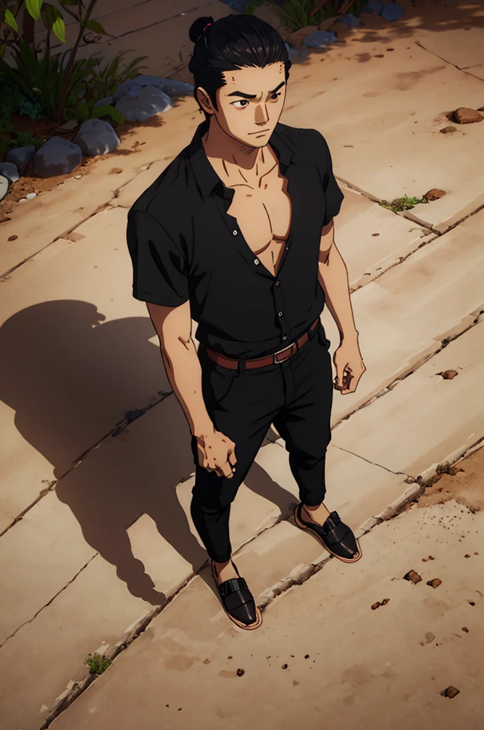 man 20 years old, big hair tied brown samurai style, brown oriental style eyes, expression of joy, skin fair, wearing black button down shirt, but with the first 3 shirt buttons loose, shirt not too tight and not too loose, semi-buttoned, black dress pants, black long toe shoes, posing man standing holding a medium cane with round crystal handle, art with light and shadow, tall and intelligent man