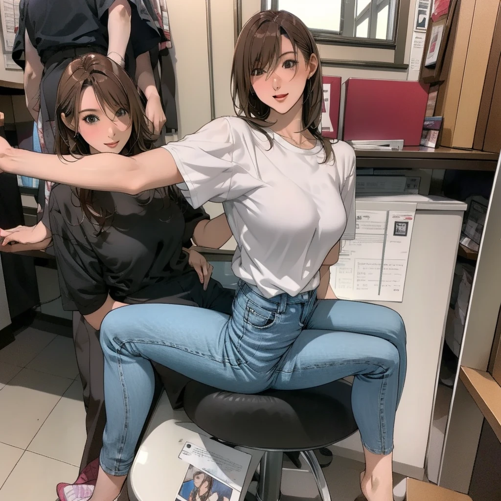 Detailed character sheet, Front view, Side view, Diagonal view, with a white returnground, show women, 30 years old, with short dark brown hair combed return, Wearing light casual clothing, Wearing tight denim jeans. The seat includes different angles, Front etc., return, and Side views, Model sheets and reference sheets, Full-body painting. Proportions are based on a 7.5 head scale.