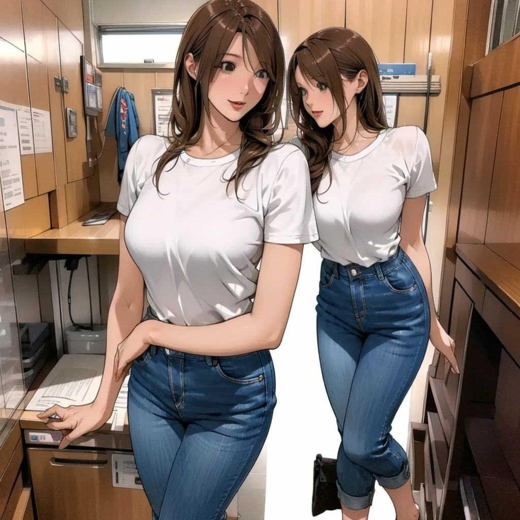 Detailed character sheet, Front view, Side view, Diagonal view, with a white returnground, show women, 30 years old, with short dark brown hair combed return, Wearing light casual clothing, Wearing tight denim jeans. The seat includes different angles, Front etc., return, and Side views, Model sheets and reference sheets, Full-body painting. Proportions are based on a 7.5 head scale.