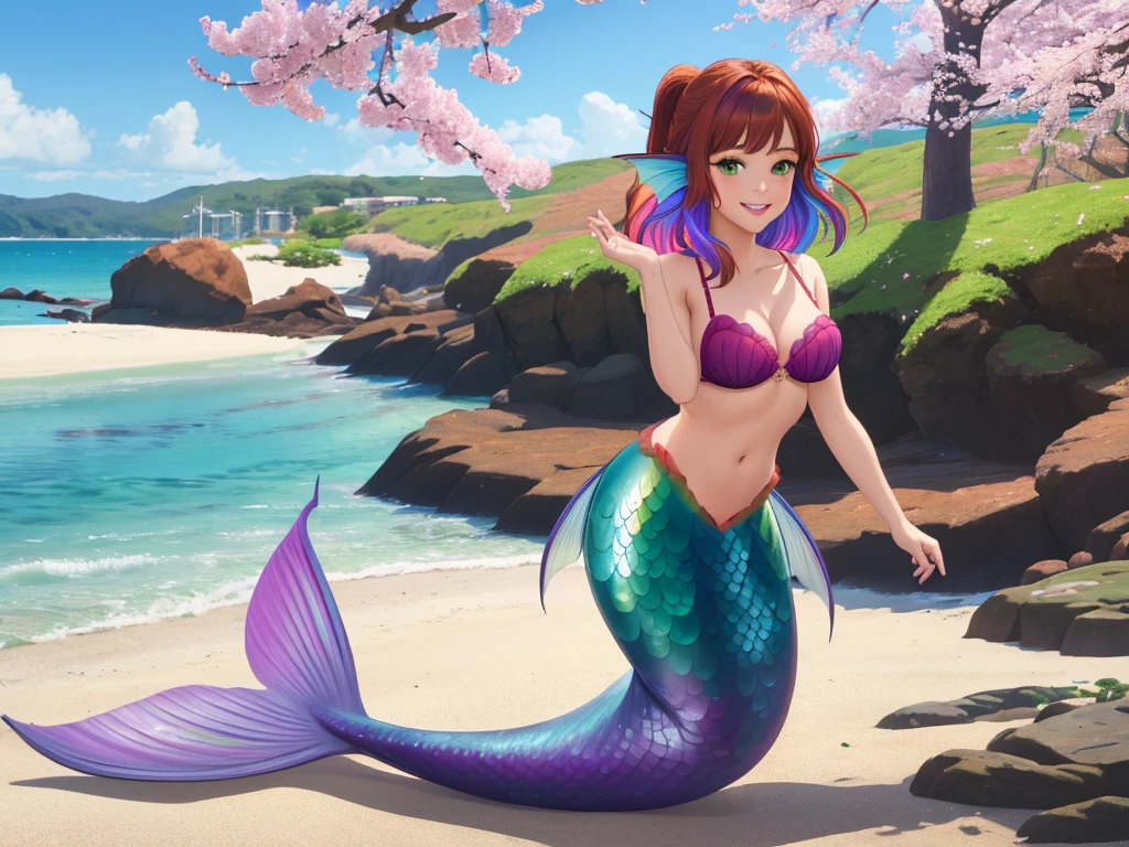 masterpiece, best quality:1.2), 1girl, smile, looking at viewer, green eyes, short brown multicolored hair, mermaid, mermaid girl, wearing purple seashell bra, laying on beach, colorful mermaid tail, outdoors, head fins, fin ears, under cherry blossoms