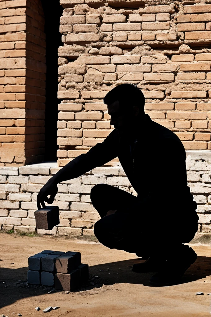 Include a silhouette of a man holding bricks
Show the man building a sturdy wall with thrown bricks
Add an image of cracked ground turning into solid foundation



