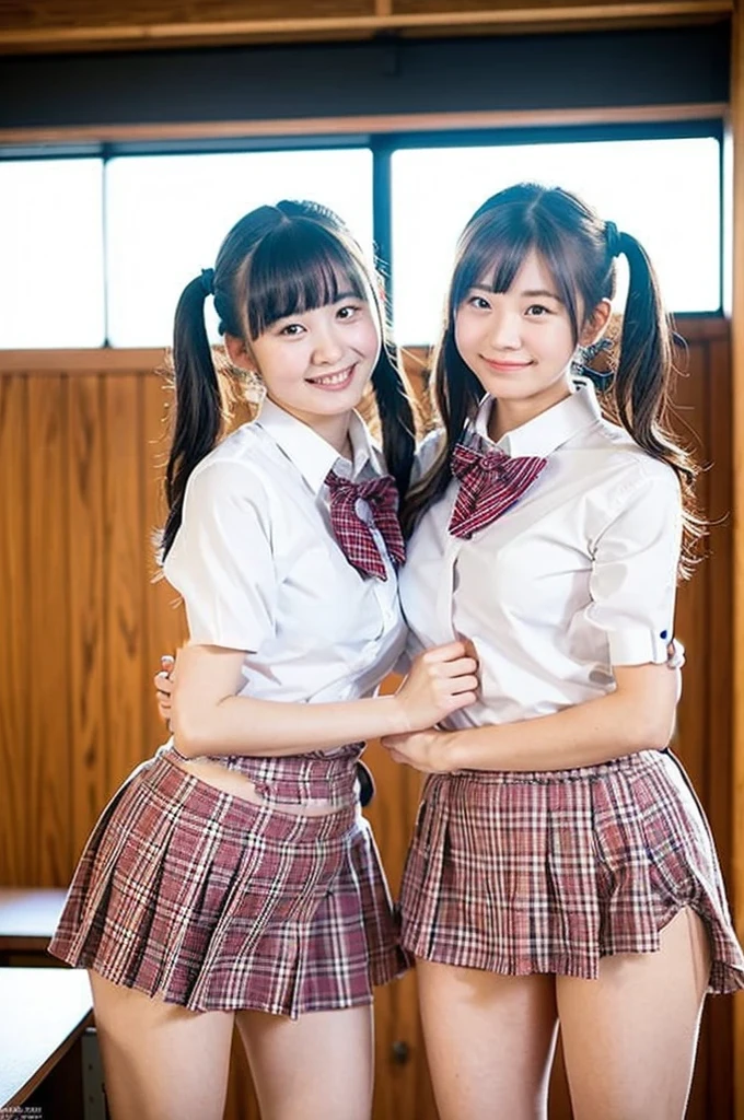 2 girls on desk in wooden school classroom,short-sleeved white leotard with plaid frills,plaid bow tie,18-year-old,bangs,a little smile,large bare thighs,knees up,spreading legs apart,short hair with low pigtails,from before,front light