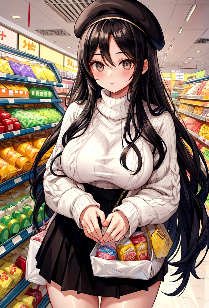 Beauty mother-in-law Height difference shopping Supermarket Black Hair Straight long hair beret White knitted sweater Mother and daughter have beautiful breasts mini skirt clear