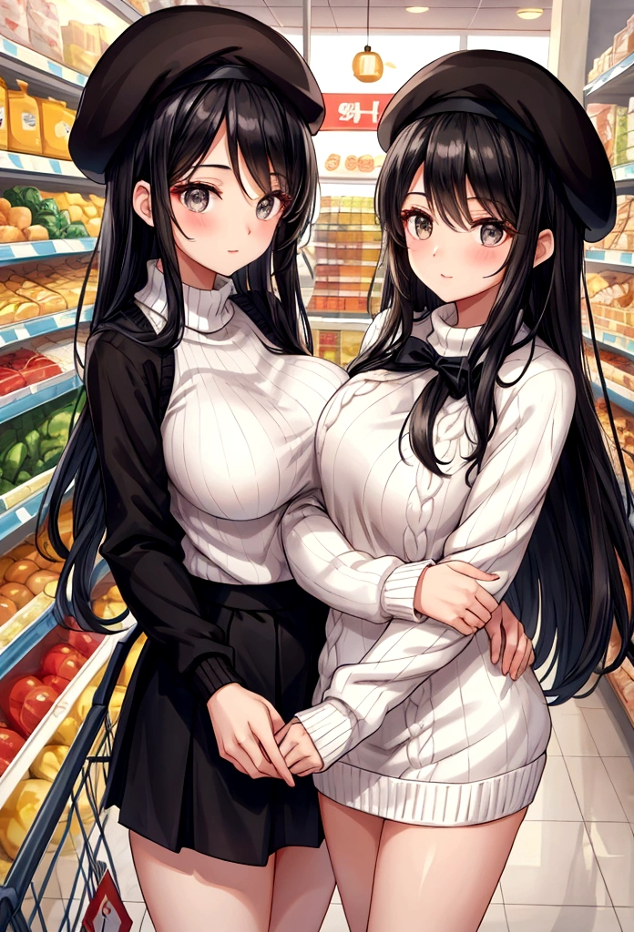 Beauty mother-in-law Height difference shopping Supermarket Black Hair Straight long hair beret White knitted sweater Mother and daughter have beautiful breasts mini skirt clear