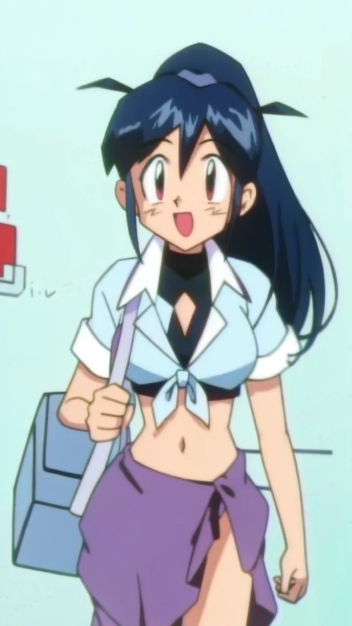 Pokemonstyle, smile, tied hem, belly , dark blue hair woman
