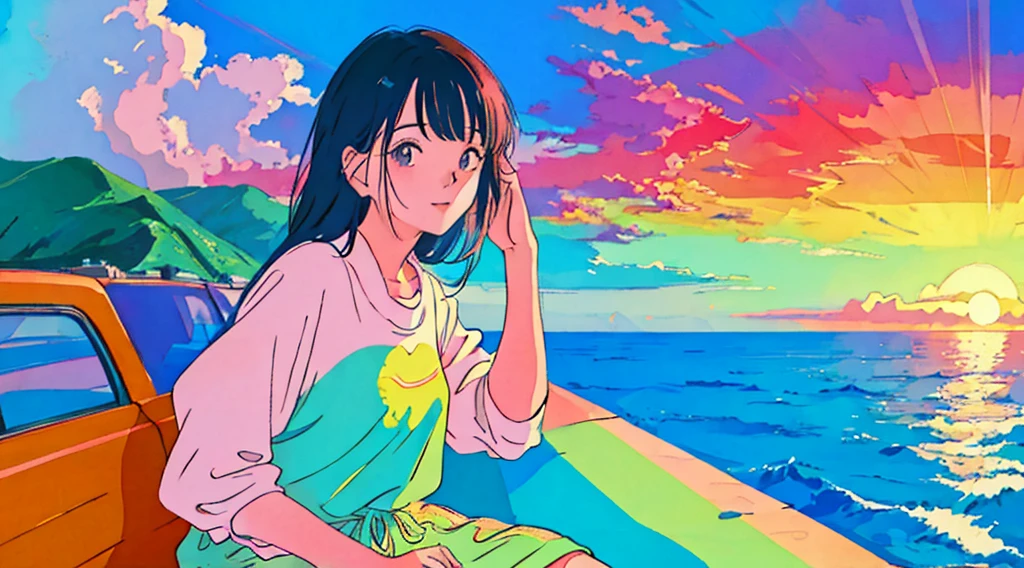 masterpiece, Highest quality, Rainbow Style, アニメ, Beautiful Asian Girl, Sitting in a car, Along the Hawaiian Coast, Cute and dreamy,アニメ,Illustrator,LOFI Girl, Blues,landscape,Sunset