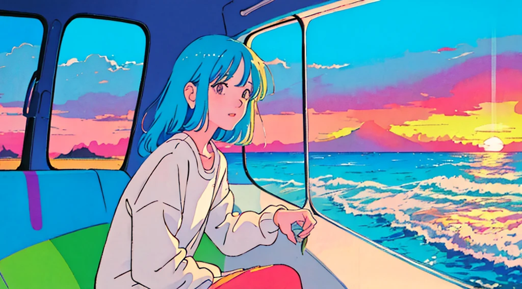 masterpiece, Highest quality, Rainbow Style, アニメ, Beautiful Asian Girl, Sitting in a car, Along the Hawaiian Coast, Cute and dreamy,アニメ,Illustrator,LOFI Girl, Blues,landscape,Sunset