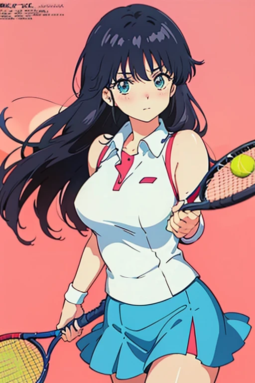 (masutepiece, Best Quality, High resolution:1.5, anime colours, megami magazine:1.2, anime poster style, anime keyvisual, sharp, 8k, photorealistic), (beautiful detailed eyes:1.5, beautiful detailed face:1.2), madoka ayukawa, 1girl, blush, (black hair, Long Hair), (sagging large breasts), (tennis wear), upper body, (Perfect detailed Anatomy, beautiful detailed hair, beautiful detailed body:1.2, shiny skin), (thick outline, Beautiful outlines, black outlines), simple background
