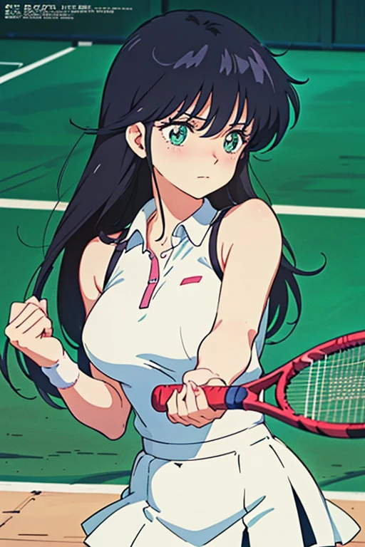 (masutepiece, Best Quality, High resolution:1.5, anime colours, megami magazine:1.2, anime poster style, anime keyvisual, sharp, 8k, photorealistic), (beautiful detailed eyes:1.5, beautiful detailed face:1.2), madoka ayukawa, 1girl, blush, (black hair, Long Hair), (sagging large breasts), (tennis wear), upper body, (Perfect detailed Anatomy, beautiful detailed hair, beautiful detailed body:1.2, shiny skin), (thick outline, Beautiful outlines, black outlines), simple background
