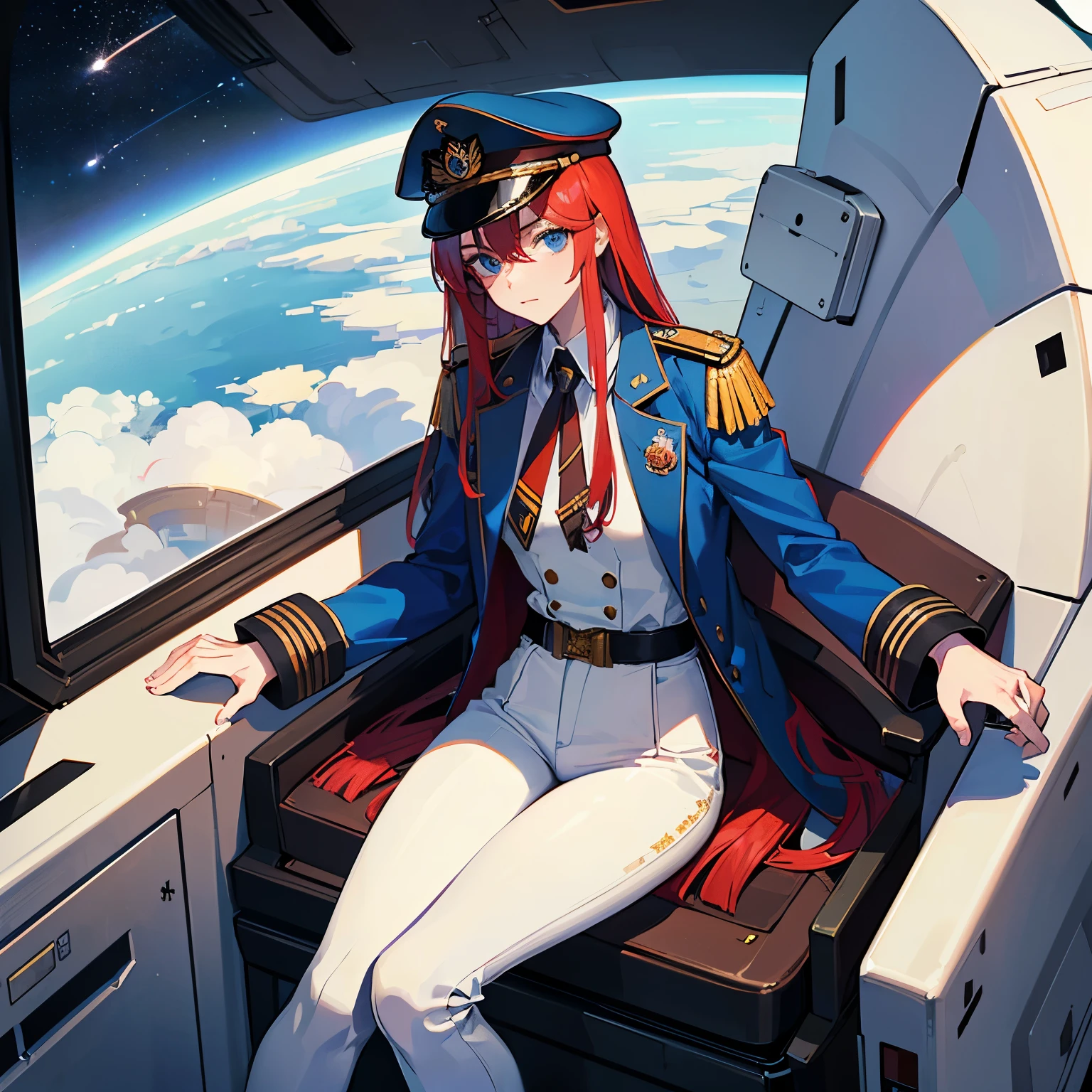 ((Masterpiece)), ((Highest Quality)), ((Best Quality)), (Illustration of One Girl), Full Body, 25 Years Old, Long Red Hair, (Thin Hair on Both Sides of the Face), Blue Eyes, (Tall)), ((Muscular Strong Body)), (Manspreading)), Open Legilitary Uniform)), (Military Hat)), ((Military Coat)), (White Clothes), (White Pants), (White Hat), Trench Coat, ((Inside the spaceship, sitting in the captain's seat)), (outside the window, space, Earth seen from space, spaceport)