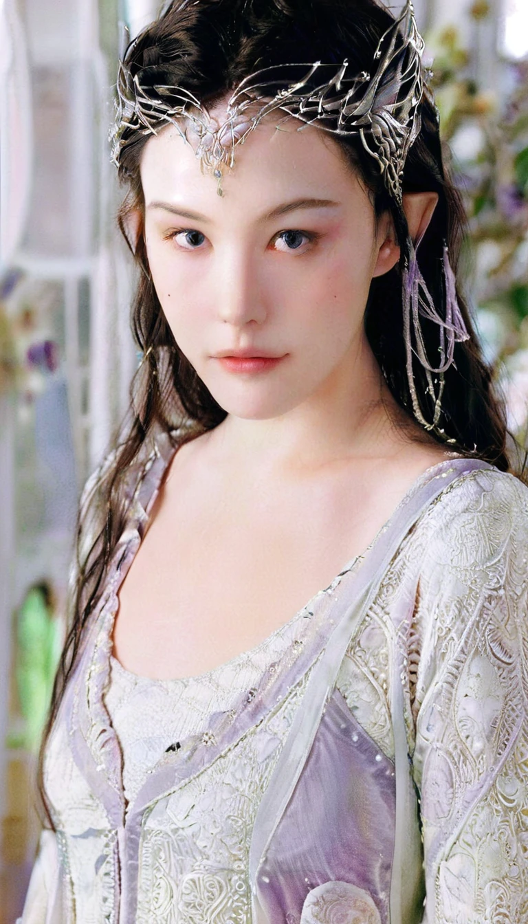 bird’s eye view fashion photoshoot of a cute beautiful face eccentric artistic young japanese woman,(realistic beauty skin, beauty detailed face, winged eyes), liv_arwen, in haute couture, posing in a white modern living room, amethyst and olive pastel colors, 35mm photography