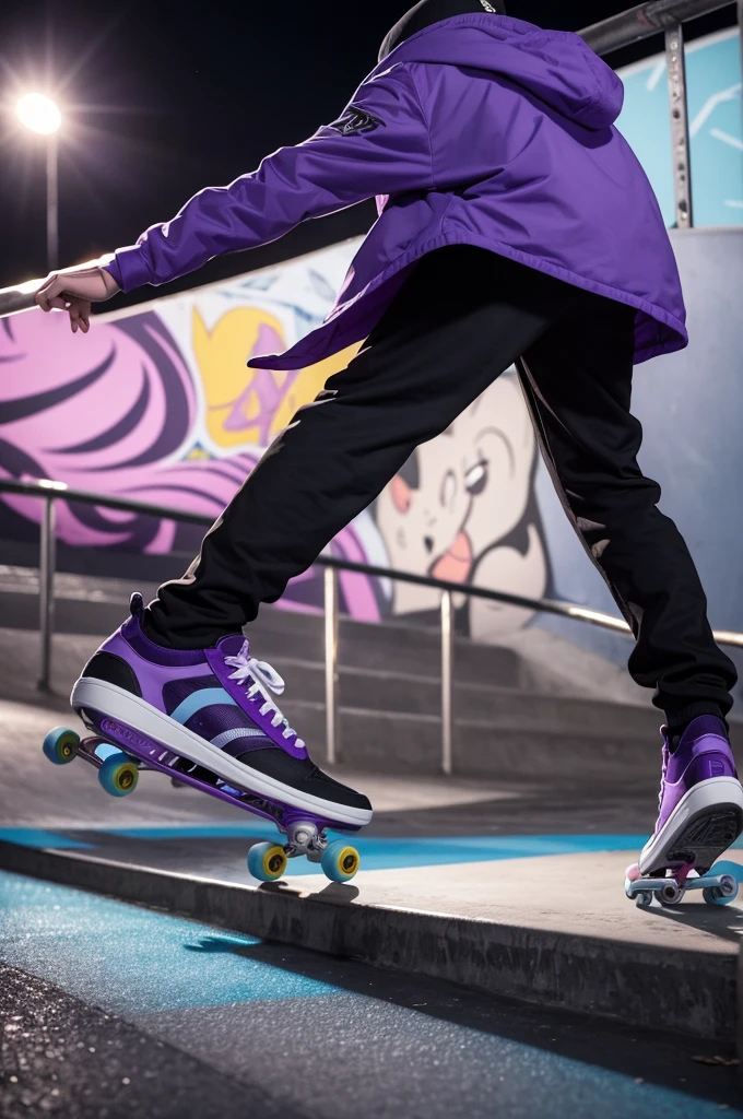 "Describe the scene from a 2D cartoon where an ET is skating on top of a railing lying on the floor of a skate park. ET is wearing a purple coat, black pants and purple and black sneakers. Detail how ET skillfully balances on his skateboard while the background shows the lively atmosphere of the skate park at dusk."