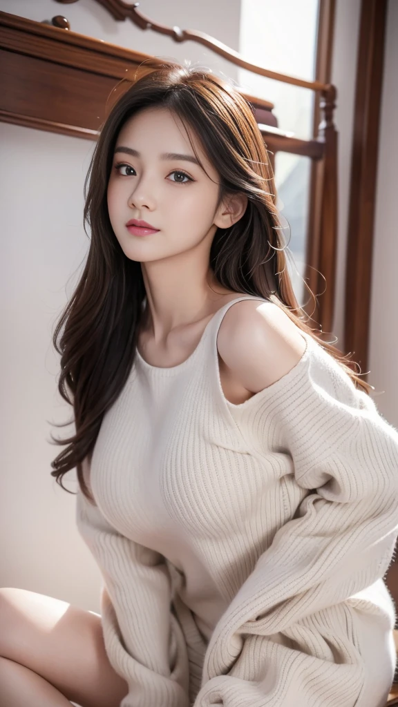 muste piece、best quality、illustration、 Super detailed、fine details、 High resolution、8K Dende Wallpaper、perfect dynamic composition、24-year-old beautiful girl、clear、detailed beautiful face、detailed beautiful eyes、textured skin、faint smile、huge breasts、bold sexy pose、winter casual wear、
