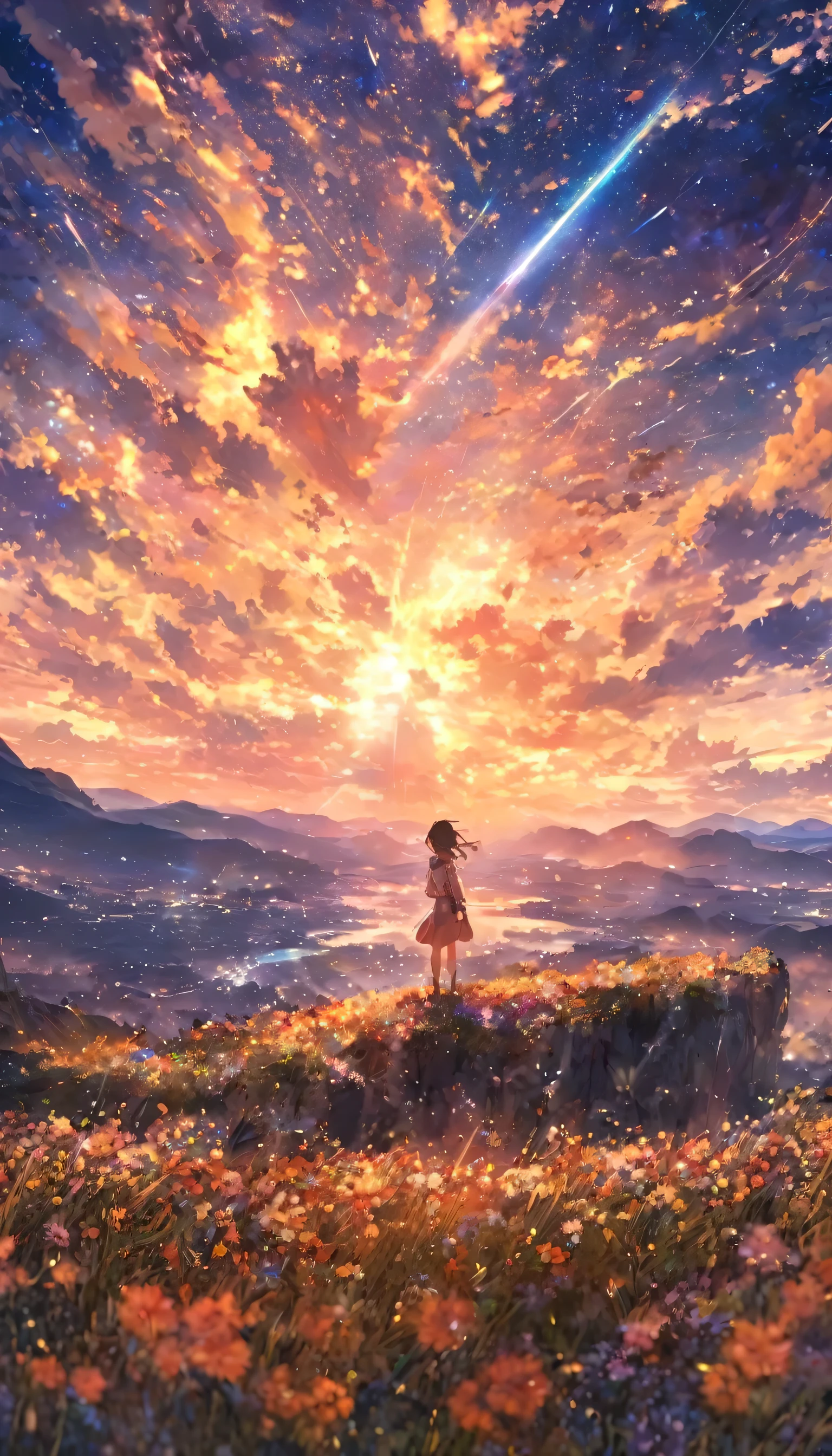 masterpiece, Concept Art, panoramic, Center, illustration, Wide-angle lens, 1 Girl, permanent, cliff, Flower Field, night, (Meteor Showers), Space Galaxy Background, (Epic Composition, Epic Proportions), Dynamic Lighting, Vivid colors, Shinkai Makoto, 《Your Name》Inspiration,