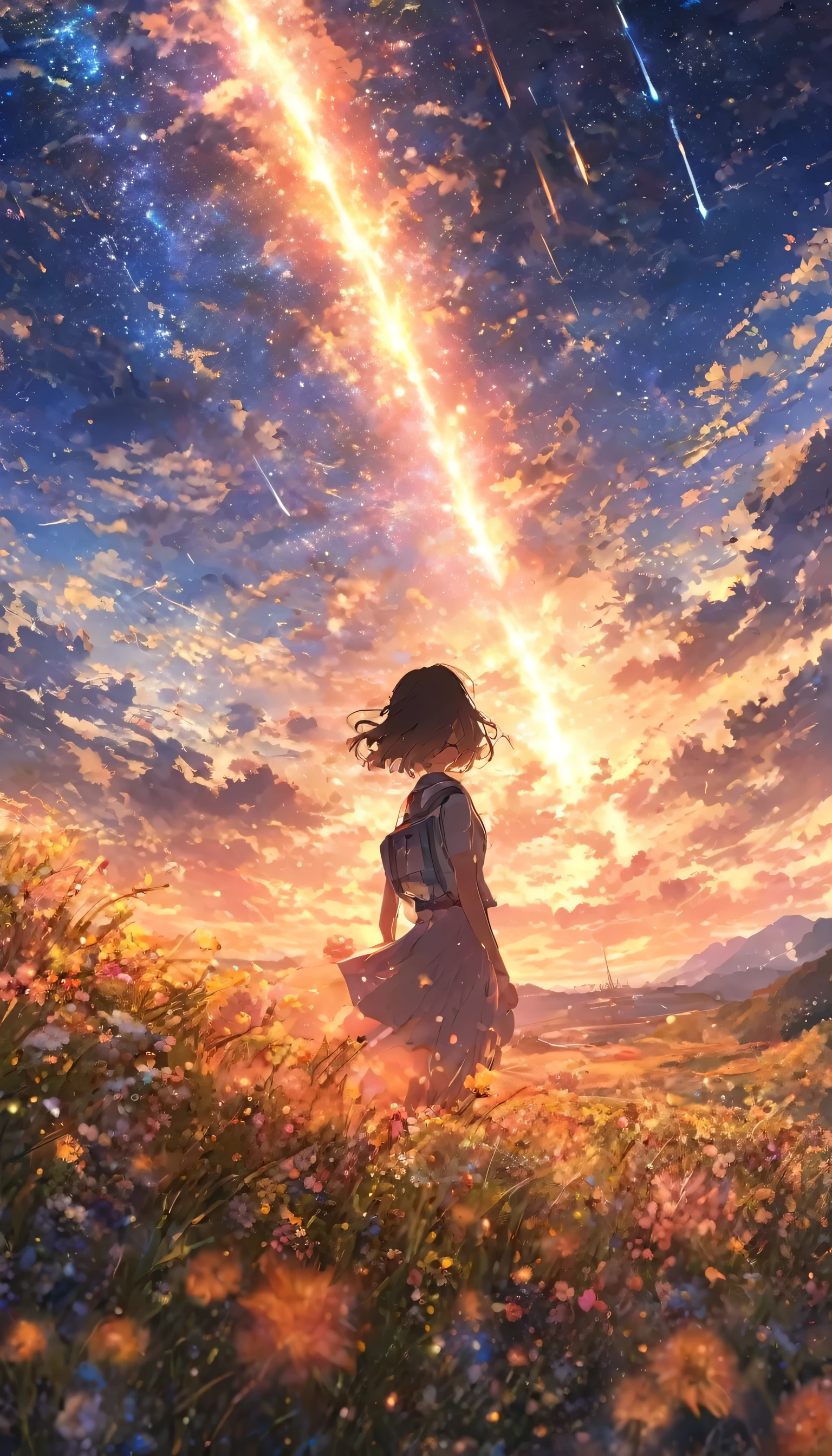 masterpiece, Concept Art, panoramic, Center, illustration, Wide-angle lens, 1 Girl, permanent, cliff, Flower Field, night, (Meteor Showers), Space Galaxy Background, (Epic Composition, Epic Proportions), Dynamic Lighting, Vivid colors, Shinkai Makoto, 《Your Name》Inspiration,