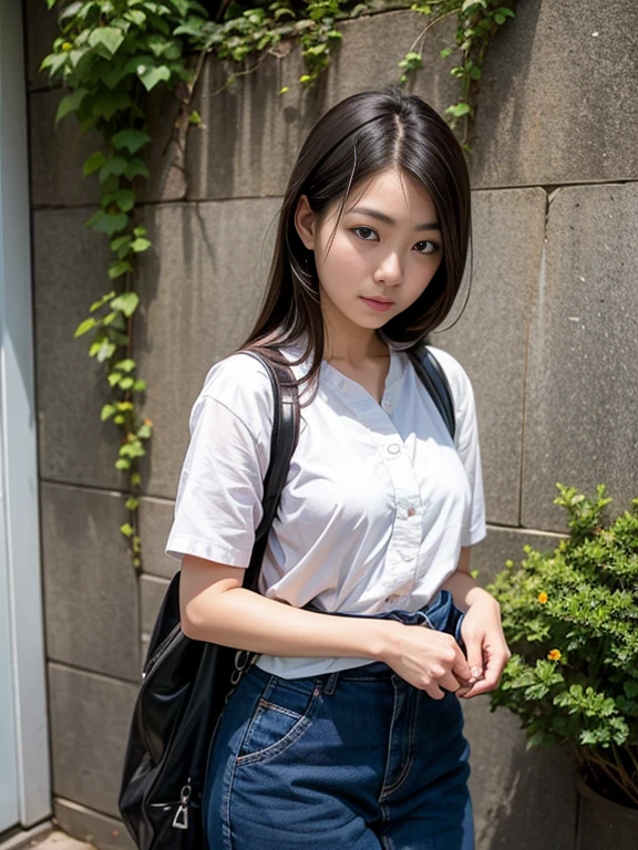 Japanese woman standing in front of a wall, Nao Kosaka, close up