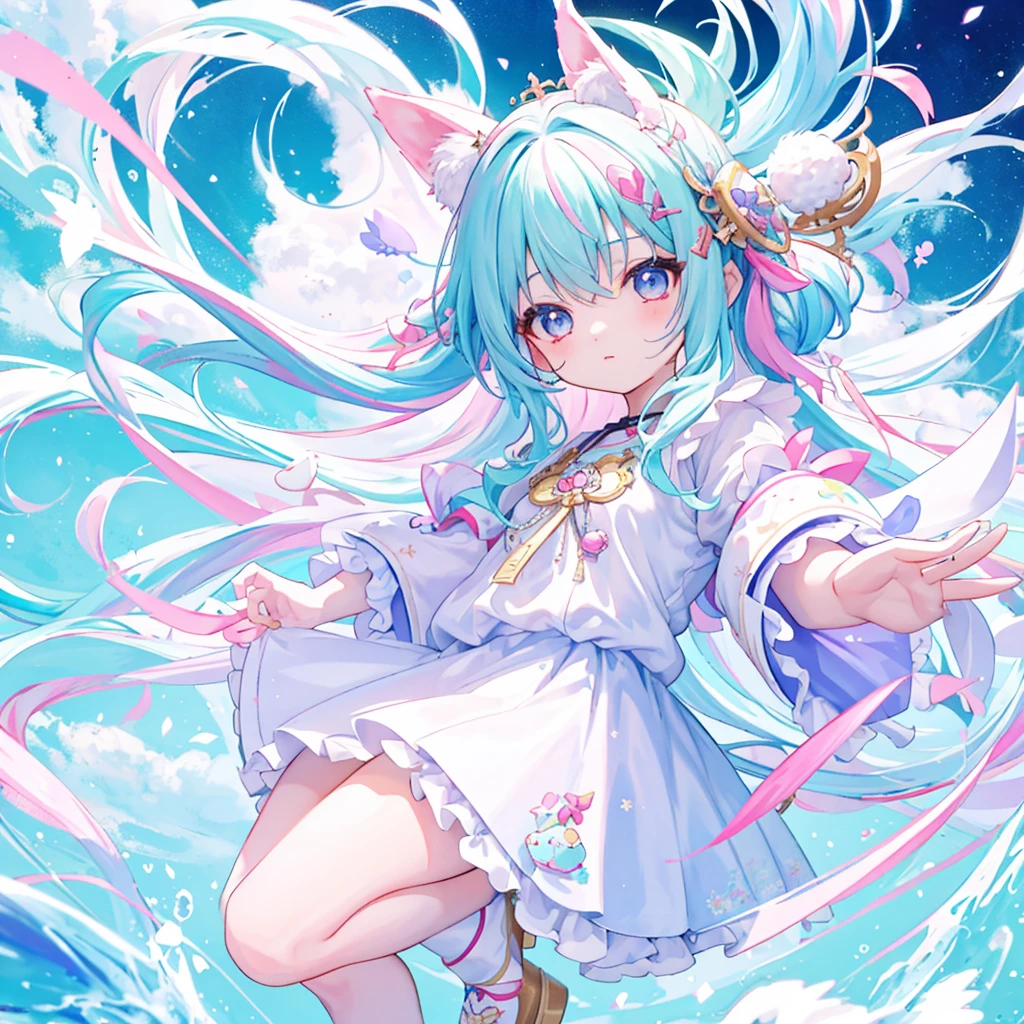 ((a sticker:1.5))), ((Chibi Character)), (white backgrounid), fluffly, girl with, Sorcerer's costume, full body Esbian, Pastel Hair, Pastel colors hair, fairytale, T-shirt design, tmasterpiece, best qualtiy,Shining eyes、cute little!!Chibi!!!,