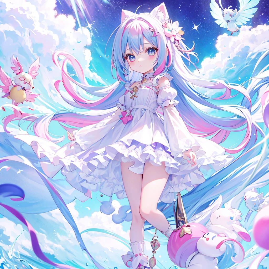 （（a sticker：1.5）））， （（Chibi Character））， （white backgrounid）， fluffly， girl with， Sorcerer's costume，  full body Esbian， Pastel Hair， Pastel colors hair， fairytale，  T-shirt design， tmasterpiece， best qualtiy，Shining eyes、cute little!!Chibi!!!,