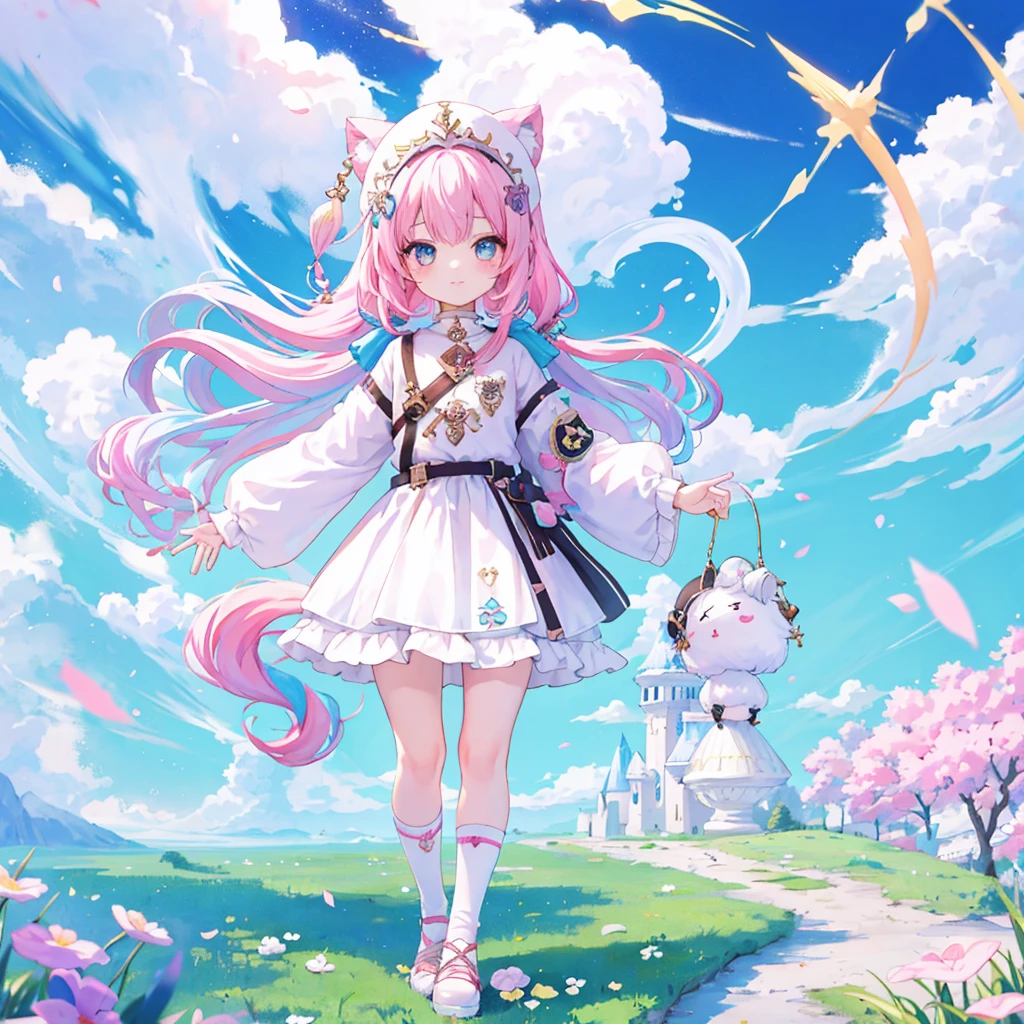 ((a sticker:1.5))), ((Chibi Character)), (white backgrounid), fluffly, girl with, Sorcerer's costume, full body Esbian, Pastel Hair, Pastel colors hair, fairytale, T-shirt design, tmasterpiece, best qualtiy,Shining eyes、cute little!!Chibi!!!,