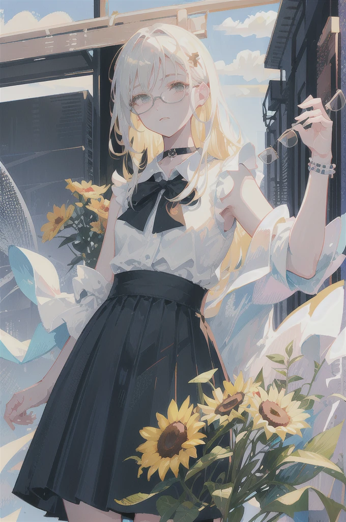 best quality, ultra high res, (photorealistic:1.4), 1woman, sleeveless white button shirt, black skirt, black choker, ((glasses)), (Kpop idol), (aegyo sal:1), (platinum blonde grey hair:1), ((puffy eyes)), looking at viewer, full body, flowers