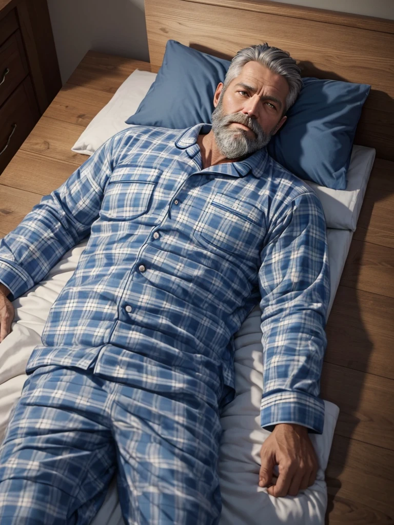 photo of a 45 year old man, very realistic, with a lumberjack beard, gray hair, full body, serene face, lying on a simple wooden bed, wearing blue checkered pajamas, kodak photo, Nikon photo in high definition 8k