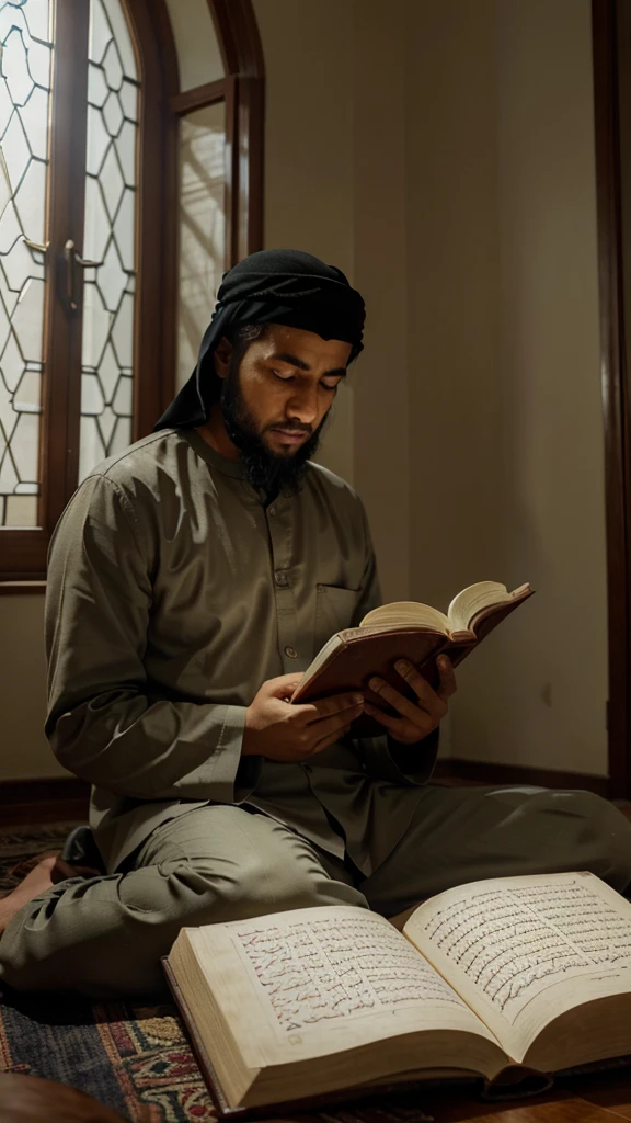 A Muslim man is sitting cross-legged in a quiet, bright room, with an open Koran in his lap. His gaze was fixed on the particular page of Surah At Takatsur that he was reading, while his finger traced the text with great devotion. Soft light from the windows fills the room, creating a peaceful and blessed atmosphere. Around it, there are several books about the interpretation of the Al-Qur'an and inspiring writings. This scene tries to illustrate the importance of reading the Al-Qur'an with full appreciation and understanding, as an important part of everyday life to gain spiritual benefits and to deepen understanding of the purpose of life and the afterlife according to Islamic teachings.