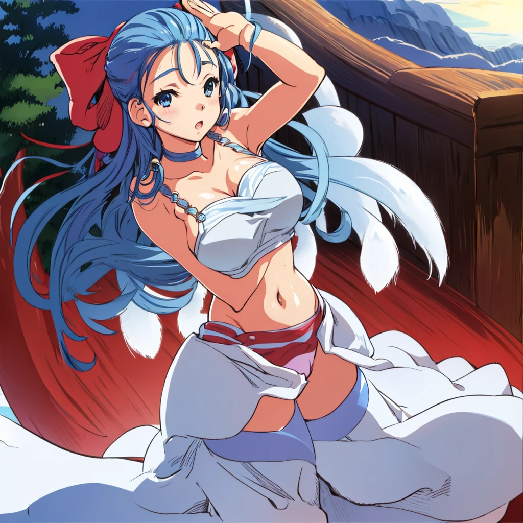In underwear、Panties in full view、白のパンティ、Blue Stripes々Large bra 1, 1girl, asahina mikuru, long hair, kita high , solo, short sleeves, red ribbon, large breasts, cowboy shot, waving, outdoors, leaning forward,