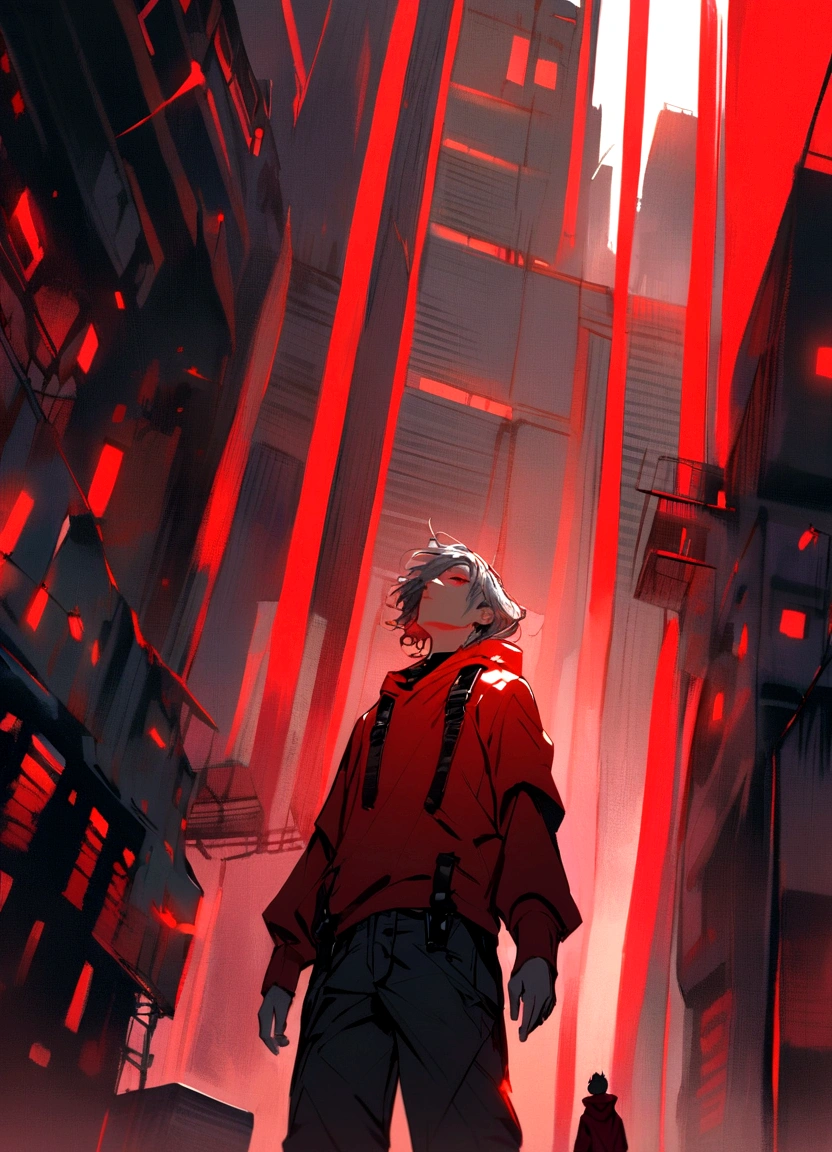 A digital artwork featuring a boy in a red hoodie and red boots standing in an urban environment. The scene is viewed from a low angle, looking up at the boy and the tall, grey buildings surrounding him. The buildings have a futuristic, dystopian aesthetic with scattered red signs and accents. The color palette is predominantly grey and red, with a low dark red background, creating a striking contrast. The boy's expression is calm and confident, with his hair flowing slightly in the wind. The overall atmosphere is urban and edgy, with a sense of depth and perspective emphasized by the tall buildings."