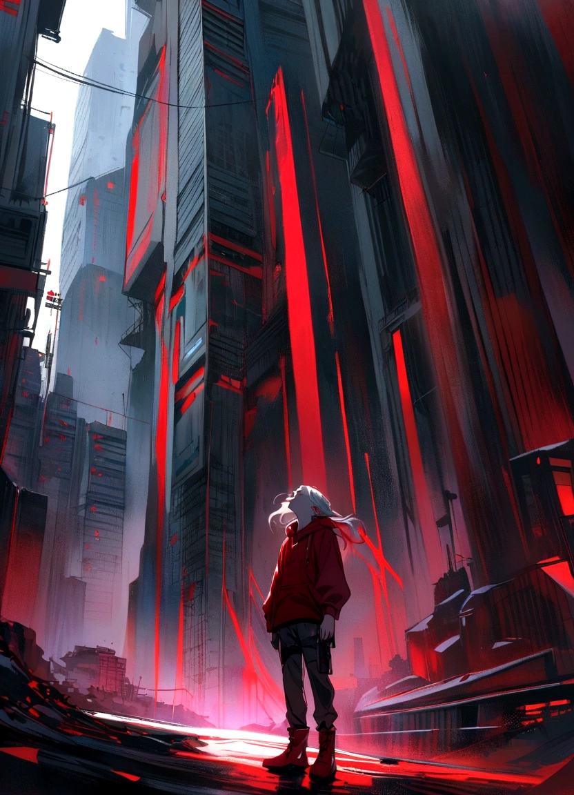 A digital artwork featuring a boy in a red hoodie and red boots standing in an urban environment. The scene is viewed from a low angle, looking up at the boy and the tall, grey buildings surrounding him. The buildings have a futuristic, dystopian aesthetic with scattered red signs and accents. The color palette is predominantly grey and red, with a low dark red background, creating a striking contrast. The boy's expression is calm and confident, with his hair flowing slightly in the wind. The overall atmosphere is urban and edgy, with a sense of depth and perspective emphasized by the tall buildings."