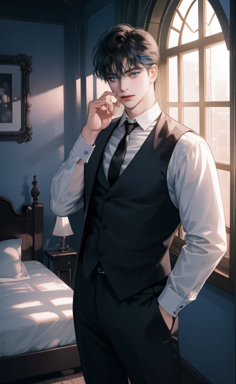 (masterpiece,best quality,ultra_detailed,highres,absurdres, detailed light, detailed shadow),1 ((mature)) male, ((mature face)) 30-ish, (board shoulder), (muscular), male focus, solo, black hair (no highlight), chain, shirt, black necktie, necktie, simple background, blue eyes, full body shot (head to toe), vest, short hair (bangs part in 3:7 ratio), looking at viewer, parted lips, collared shirt, round eyewear, long sleeves, black shirt, he stands next to the window, bedroom background, night time, night light, black vest, monocle, jewelry, dutch angle, detailed background.