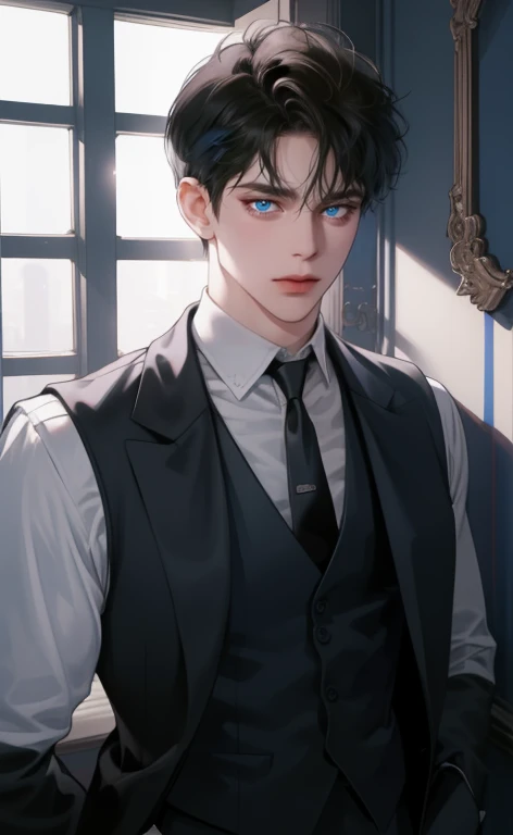 (masterpiece,best quality,ultra_detailed,highres,absurdres, detailed light, detailed shadow),1 ((mature)) male, ((mature face)) 30-ish, (board shoulder), (muscular), male focus, solo, black hair (no highlight), chain, shirt, black necktie, necktie, simple background, blue eyes, full body shot (head to toe), vest, short hair (bangs part in 3:7 ratio), looking at viewer, parted lips, collared shirt, round eyewear, long sleeves, black shirt, he stands next to the window, bedroom background, night time, night light, black vest, monocle, jewelry, dutch angle, detailed background.