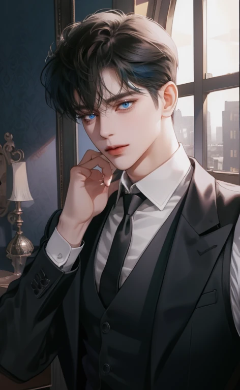 (masterpiece,best quality,ultra_detailed,highres,absurdres, detailed light, detailed shadow),1 ((mature)) male, ((mature face)) 30-ish, (board shoulder), (muscular), male focus, solo, black hair (no highlight), chain, shirt, black necktie, necktie, simple background, blue eyes, full body shot (head to toe), vest, short hair (bangs part in 3:7 ratio), looking at viewer, parted lips, collared shirt, round eyewear, long sleeves, black shirt, he stands next to the window, bedroom background, night time, night light, black vest, monocle, jewelry, dutch angle, detailed background.