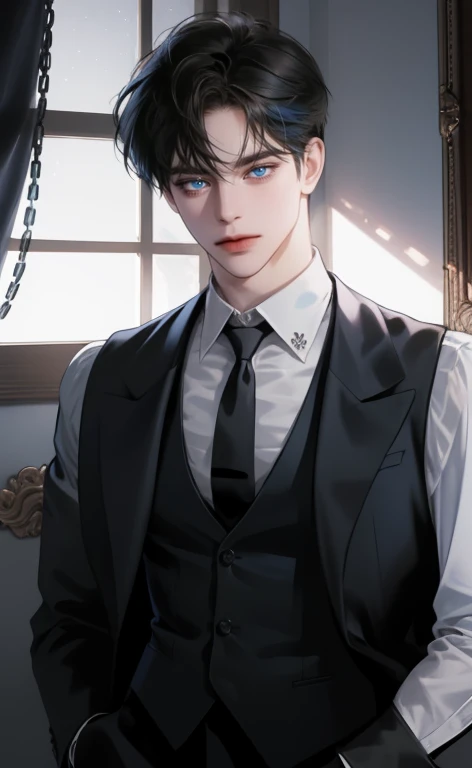 (masterpiece,best quality,ultra_detailed,highres,absurdres, detailed light, detailed shadow),1 ((mature)) male, ((mature face)) 30-ish, (board shoulder), (muscular), male focus, solo, black hair (no highlight), chain, shirt, black necktie, necktie, simple background, blue eyes, full body shot (head to toe), vest, short hair (bangs part in 3:7 ratio), looking at viewer, parted lips, collared shirt, round eyewear, long sleeves, black shirt, he stands next to the window, bedroom background, night time, night light, black vest, monocle, jewelry, dutch angle, detailed background.