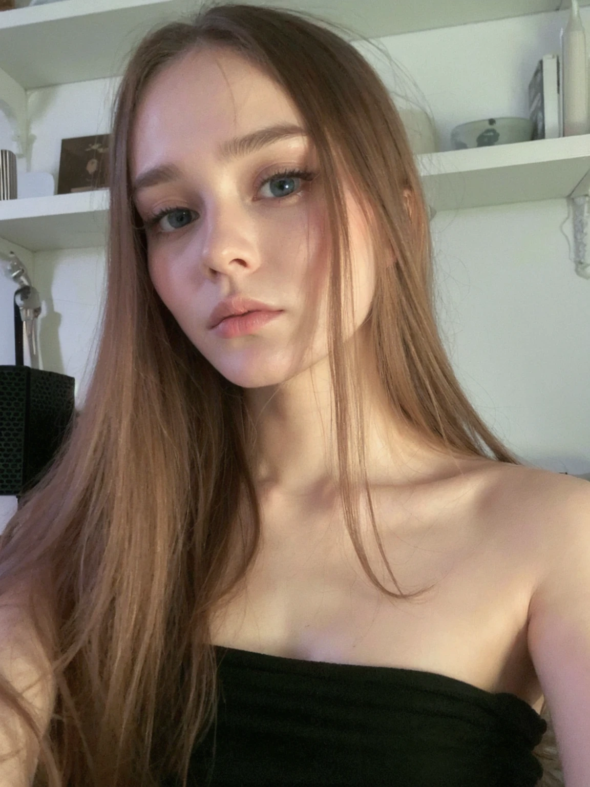 best quality, face focus, soft light, ultra high res, (photorealistic:1.4), RAW photo,
1 russian girl, solo, cute, (pupil, lights in the eyes),  detailed beautiful face, (small chest),(high resolution detail of human skin texture),
(long hair),
indoor,
Damask Shirt Dress,
(portrait), perfect body, blue eyes, beautiful hair, sexy body, sexy lips